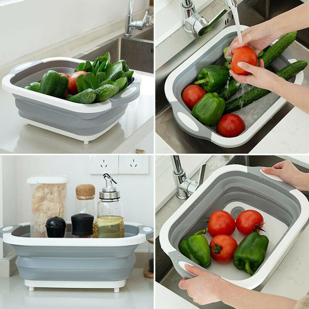 Foldable silicone chopping board that doubles as a basket for slicing and rinsing fruits and vegetables