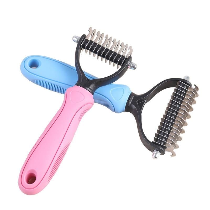 Pink and blue pet grooming brushes displayed aesthetically for grooming dogs and cats