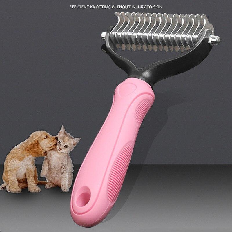 Pink pet fur brush for grooming dogs and cats with playful pets in the background