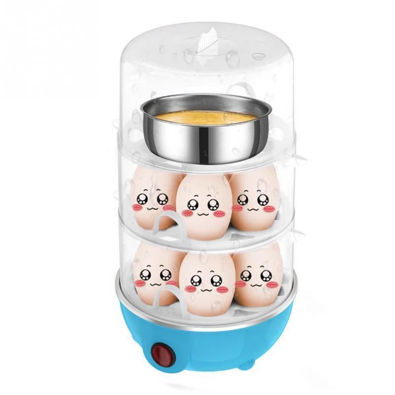 Mini egg cooker in use demonstrating the cooking process on three layers
