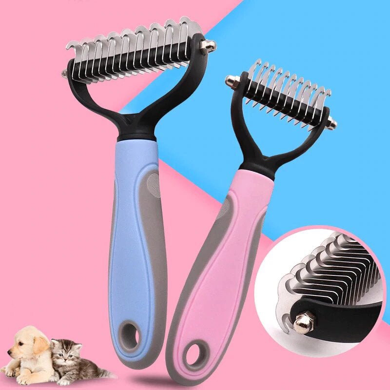 Aesthetic photo of two pet grooming brushes, one pink and one blue, for removing fur