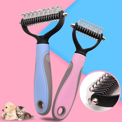 Aesthetic photo of two pet grooming brushes, one pink and one blue, for removing fur