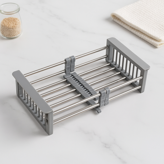 Durable retractable stainless steel kitchen sink rack for efficient countertop use