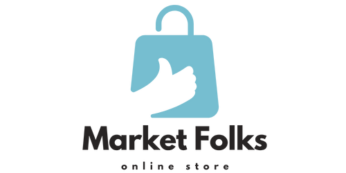 Logo of Market Folks online store with a blue shopping bag and white silhouette on a white background.