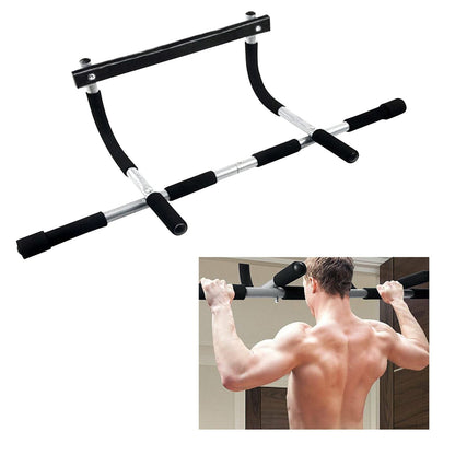 Adjustable indoor pull-up and dip bar for full-body workouts targeting arms, chest, back, and shoulders