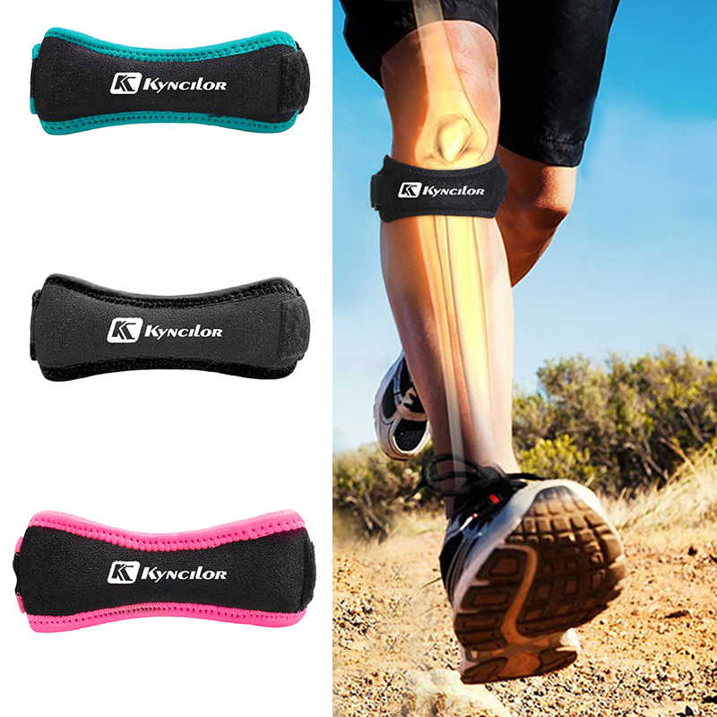 Adjustable knee support brace in use during running or sports activities
