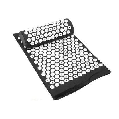 black Acupressure yoga mat and massage cushion set for relieving head, neck, and back pain
