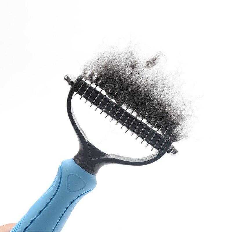 Blue pet grooming brush for removing fur from dogs and cats