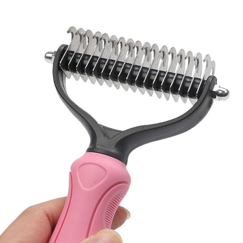 Pink brush designed for grooming pets and removing loose fur