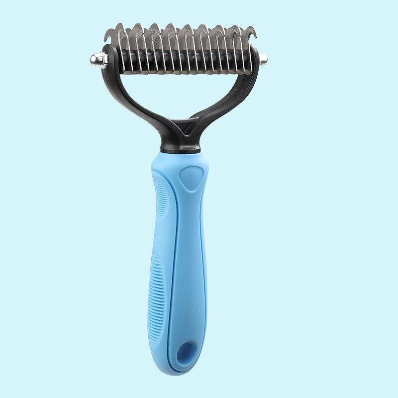 Blue-handled dog fur detangling comb with multiple stainless steel blades for grooming and removing mats and tangles.