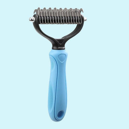 Blue-handled dog fur detangling comb with multiple stainless steel blades for grooming and removing mats and tangles.