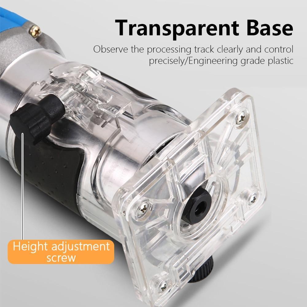 Electric wood edge trimmer shown alone with transparent base