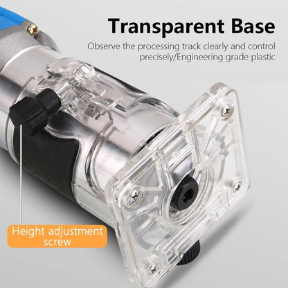 Electric wood edge trimmer shown alone with transparent base
