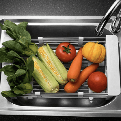 Expandable over-sink stainless steel rack for organization and draining