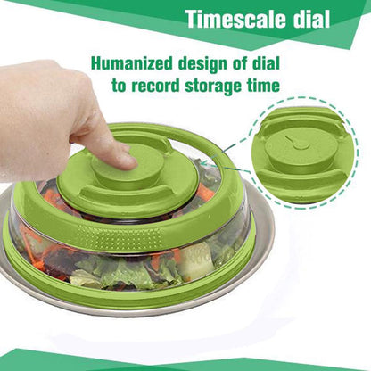 Green vacuum seal food cover in use keeping food fresh in a bowl