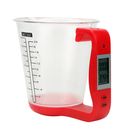 Digital measuring cup scale showing real-time weight and temperature