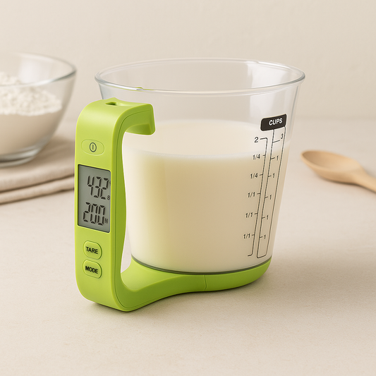 Kitchen digital LCD measuring cup scale displaying weight and temperature while in use