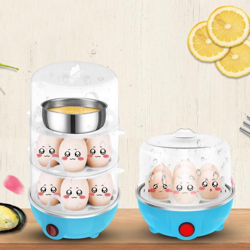 Electric mini egg cooker showing layers and steaming process in action