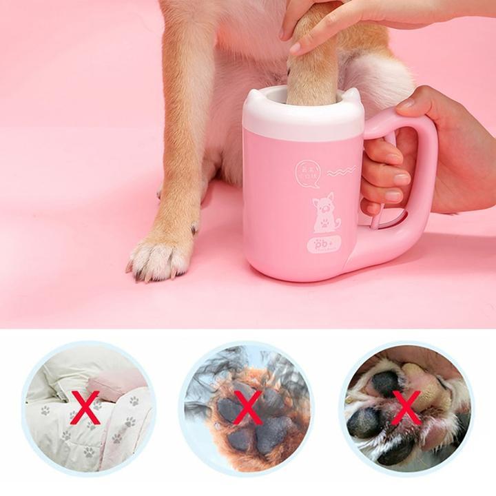 Using the pink outdoor pet paw cleaner to remove dirt from a dog’s paws. With benefits shown at the bottom. 