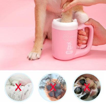 Using the pink outdoor pet paw cleaner to remove dirt from a dog’s paws. With benefits shown at the bottom. 