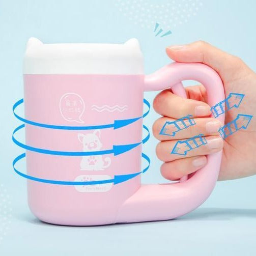 Guide showing how to use the pink outdoor pet paw washer for dogs and cats