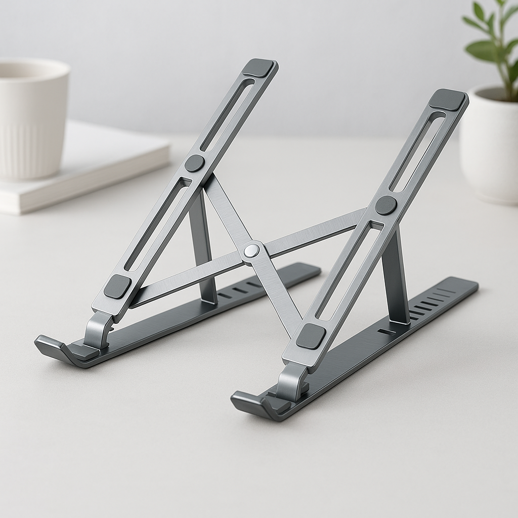 Portable aluminum laptop riser improving comfort for desk setups
