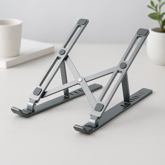Portable aluminum laptop riser improving comfort for desk setups
