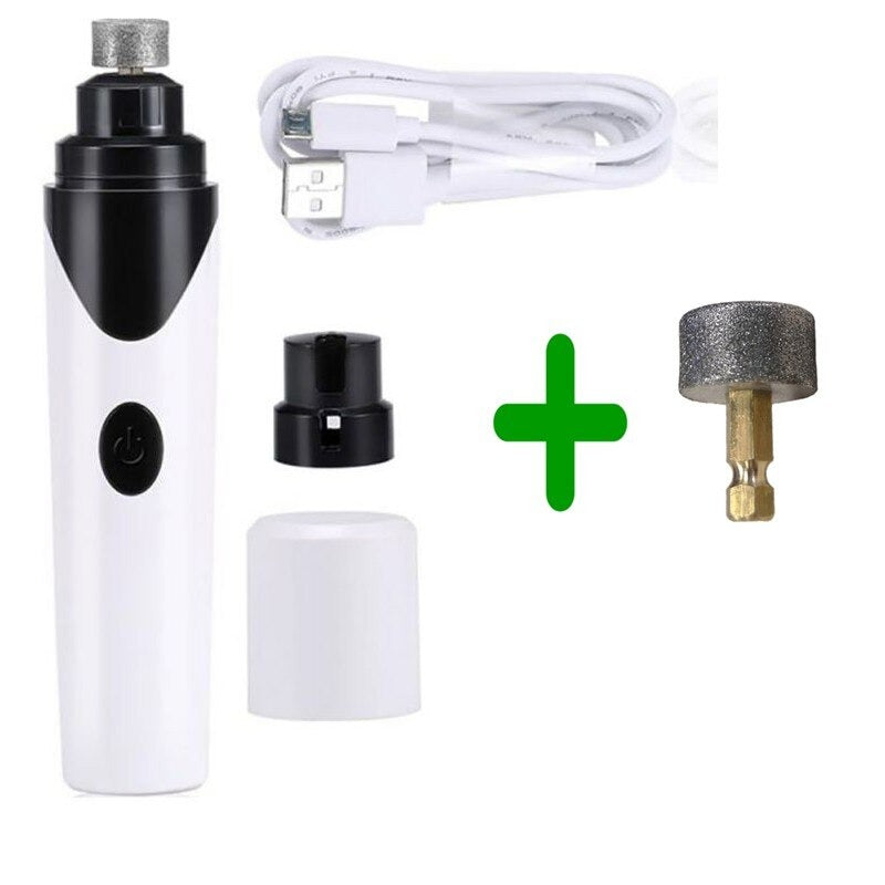 Rechargeable pet nail clipper kit showing all included pieces and accessories