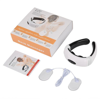 U-shaped ergonomic neck massager providing low-frequency pulses and heat therapy
